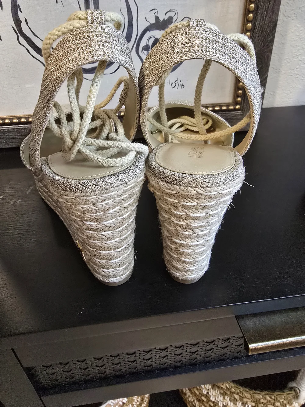 Michael Kors Metallic Gold Lace Up Ankle Ties Wedges Espadrilles Sandals 9 - Picture 6 of 9